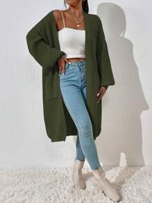 EMERY ROSE Solid Color Simple Long Sleeve Cardigan,Long Sleeve Tops Fall Winter Cloth For Women - Army Green - View 5
