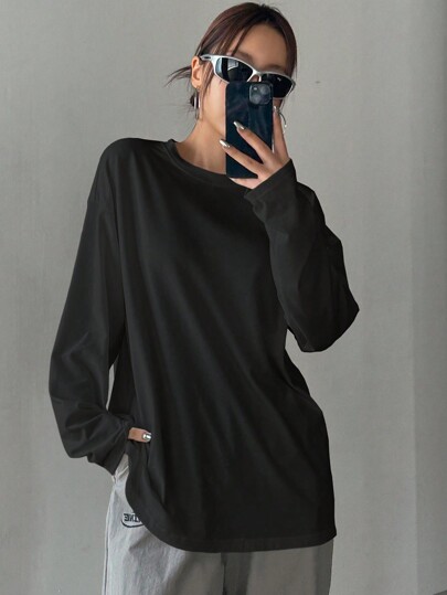 DAZY T-shirt à manches longues ample à col rond de couleur unie, longueur longue, vêtements d'automne