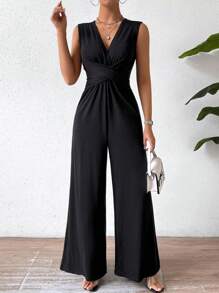 Chiquease Thanh lịch Quý cô Mùa hè Màu thuần Eo Xoắn Cổ chữ V Không tay Áo liền quần ống rộng - màu đen - Xem 7