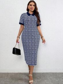 SHEIN Clasi Kích thước lớn Của phụ nữ Mùa hè Vòng cổ Ngắn tay Thon gọn Váy chữ A Với Đồ họa Houndstooth - Màu xanh lam - Xem 1