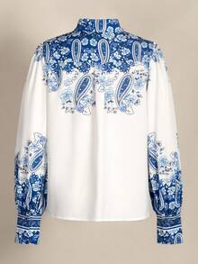 Women Long Sleeve Collared Lantern Sleeves Printed Blouse - Blue - View 2