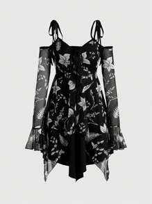 ROMWE Fairycore Women's Off-The-Shoulder Floral & Plant Printed Dress With Flounce Sleeves And Spaghetti Straps - Black - View 1