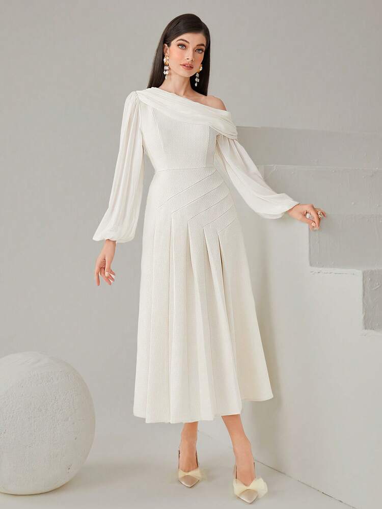 Ladies' Asymmetrical Collar Bishop Sleeve Dress Long Evening Dresses