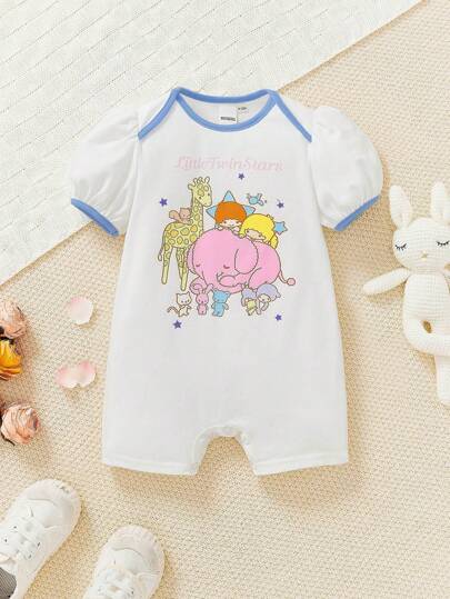 HELLO KITTY AND FRIENDS | SHEIN Buton Kenarları Şeritli Karikatür Geometrik Mektup Kız Bebek Tulum