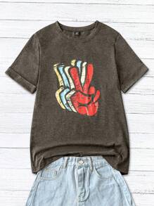 SHEIN LUNE Camiseta casual personalizada con estampado colorido para tallas grandes - Café integral - Ver 1