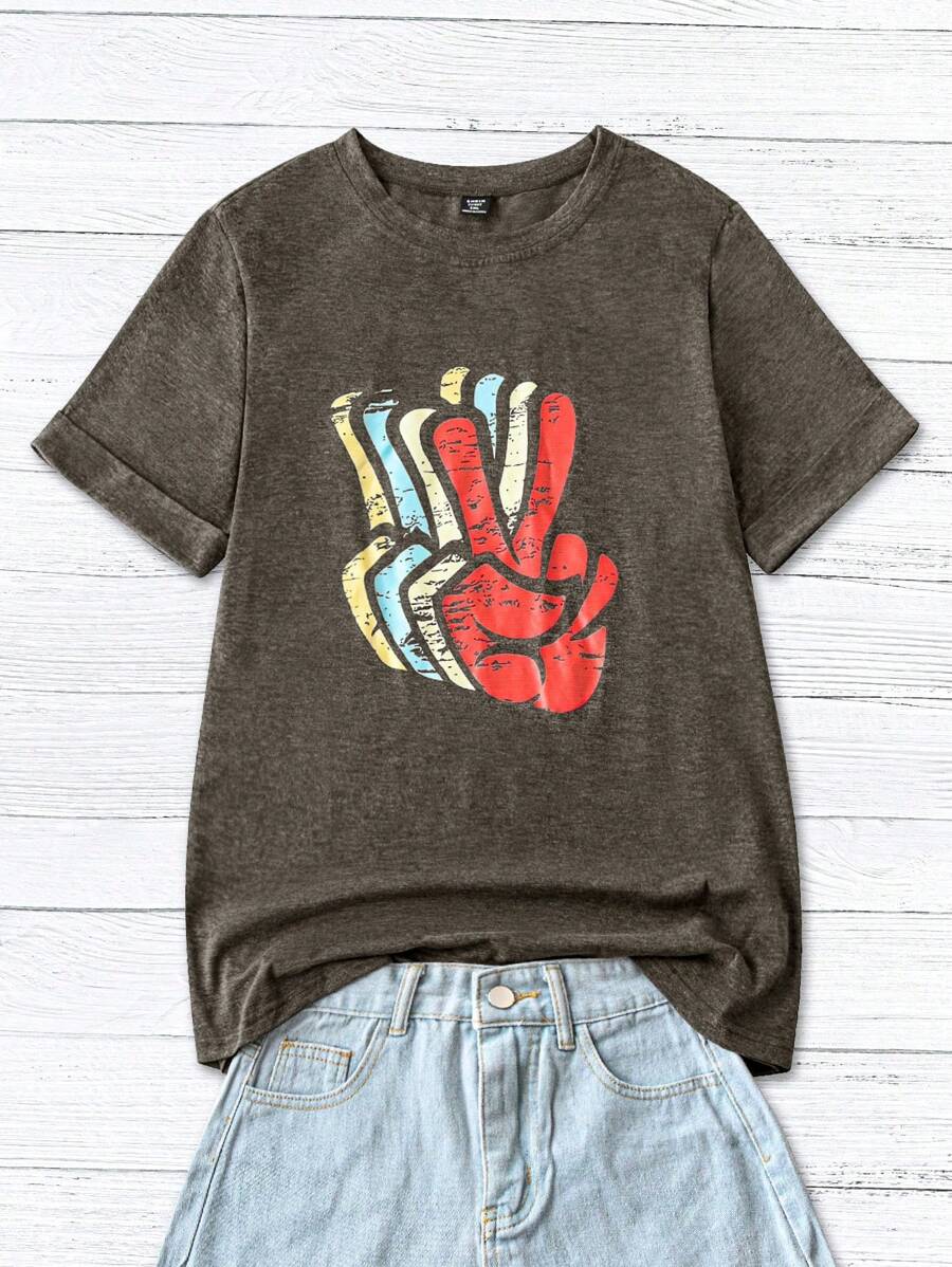 SHEIN LUNE Camiseta casual personalizada con estampado colorido para tallas grandes - Café integral - Ver 1