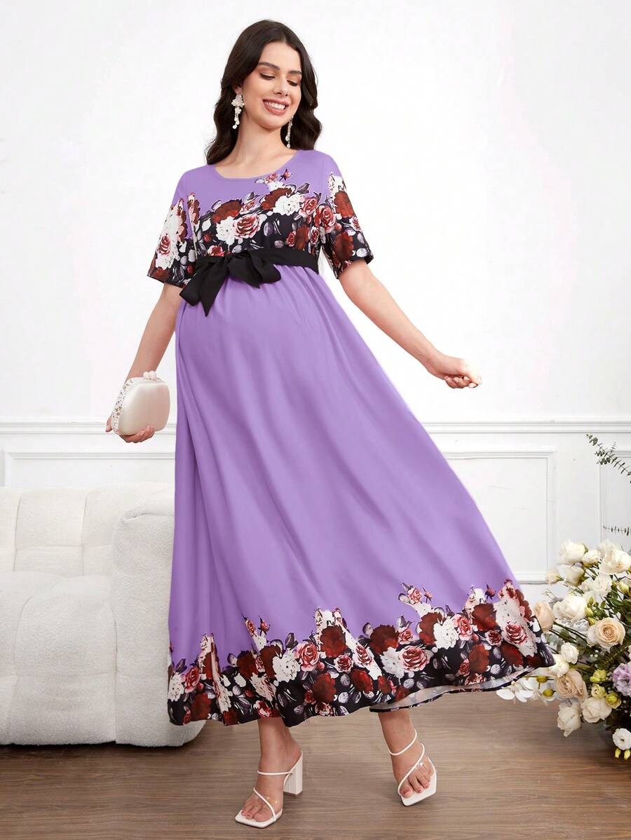 SHEIN Maternity Floral Print Short Sleeve Round Neck Summer Dress - Mauve Purple - View 1