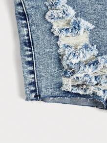 SHEIN Tween Girl Spring Summer Boho Stonewashed Distressed Denim Jeans Shorts With Slanted Pockets,Summer Girls Clothes Concert Outfits - Medium Wash - View 4
