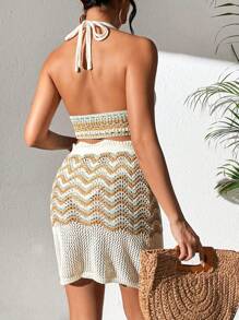 SHEIN Swim Summer Color Block Hollow Out Knitted V-Neck Halter Tank Top And Skirt Cover Up