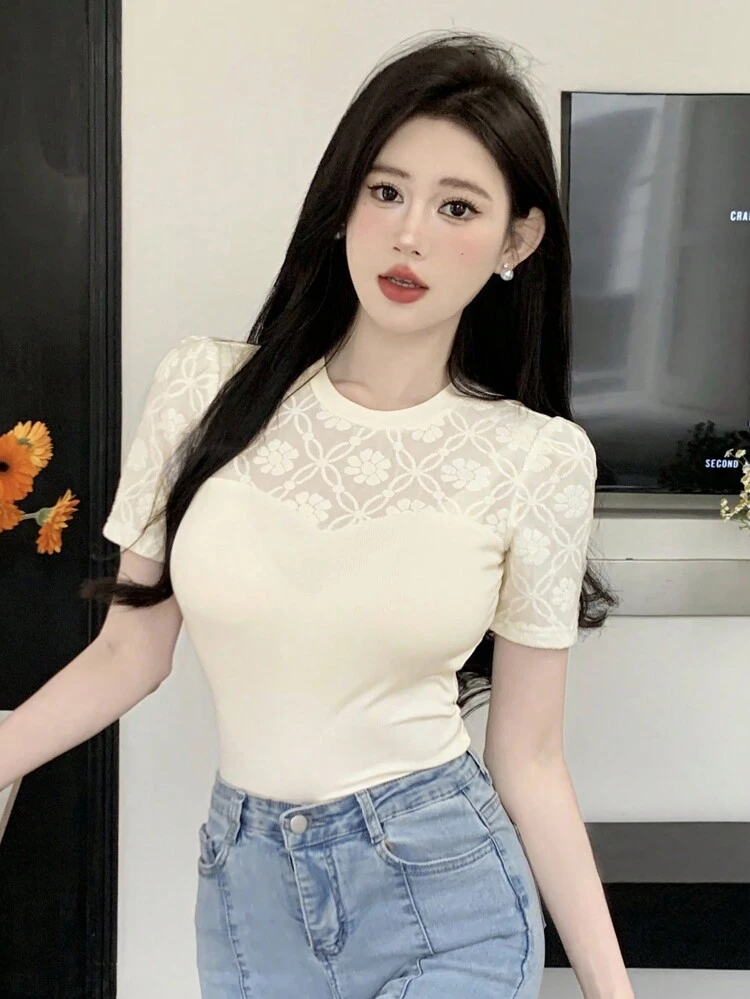 Ladies' Summer Lace Insert Round Neck Short Sleeve T-Shirt ,New Year Eve