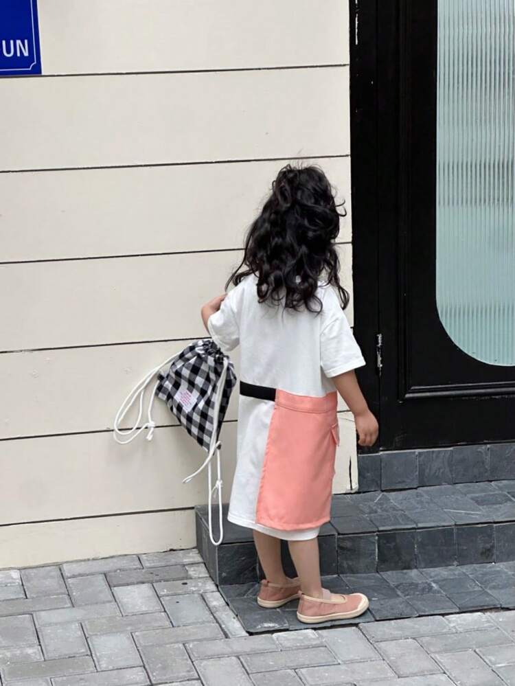 Young Girls' Casual Letter Printed T-Shirt Dress With Belt Decoration And Pockets, Spring/Summer