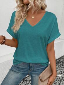 SHEIN LUNE Solid Color V-Neck Short Sleeve Summer Casual T-Shirt