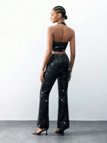 Maija Women's Fashionable Glittery Decoration Halter Top And Pants Set - Black - View 4