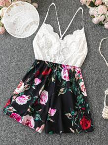 SHEIN Holidaya 大尺碼蕾絲混搭花卉印花優雅綁帶背心吊帶連身褲,設有後背開口 - 彩色 - 查看 1