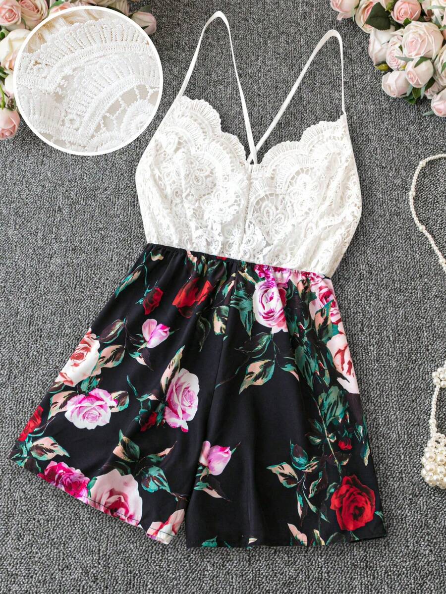 SHEIN Holidaya 大尺碼蕾絲混搭花卉印花優雅綁帶背心吊帶連身褲,設有後背開口 - 彩色 - 查看 1