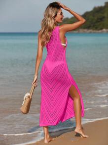 EMERY ROSE Vestido tipo camiseta de mujer con abertura lateral estilo playa, diseño calado para cubrir el traje de baño en verano - Rosa Fucsia - Ver 3