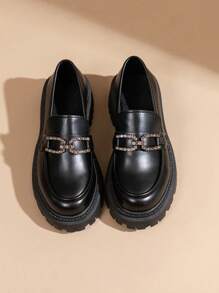 Women's Black Minimalist Style Thick-Sole Loafers With Rhinestone Decor, Mary Janes And Casual Fashion Flats For Spring/Autumn Valentines