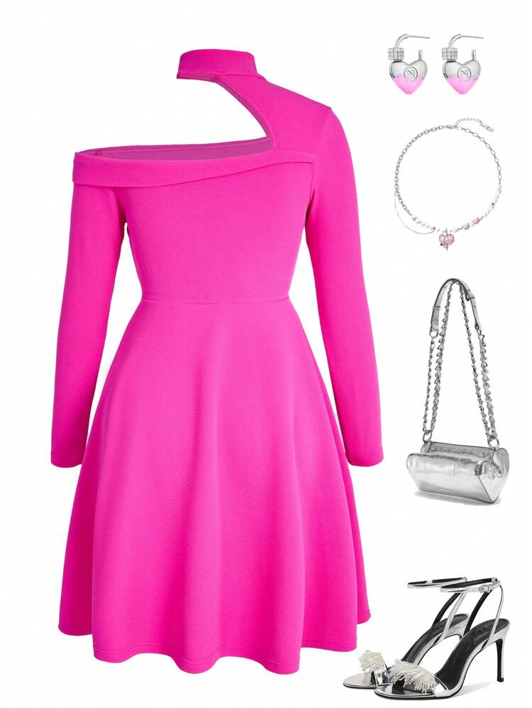 Teen Girl Asymmetric Neckline Solid Color Long Sleeve Dress