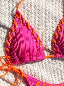 Swim Mod Summer Beach Women's Halter Neck Cutout Decoration Bikini Set - Multicolor - View 3