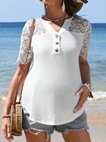 SHEIN Playera De Manga Corta De Encaje Y Parches Para Maternidad