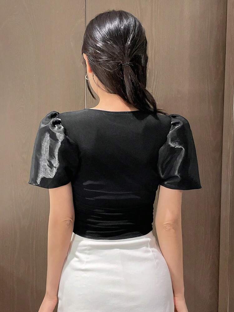 Women's Solid Color Mesh Contrast Puff Sleeve T-Shirt Crop Women Tops