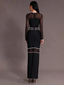 Modphy 全新奢华黑色水钻撞色网眼长袖绷带紧身连衣裙，女士婚礼伴娘派对正式礼服婚礼宾客礼服晚礼服 - 黑色 - 查看 2