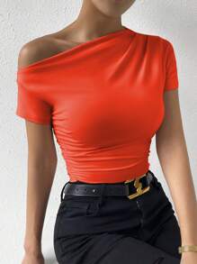 Calvaya Solid Color Asymmetrical Neckline Fold Detail Slim Fit T-Shirt