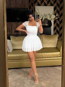SHEIN SXY Áo thun trắng tay ngắn mùa hè có đệm, cổ vuông và lưới màu tương phản - trắng - Xem 6