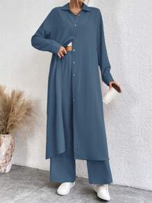 SHEIN LUNE 女士简约时尚纯色休闲长款上衣和阔腿裤两件套 - 霧霾藍 - 查看 3