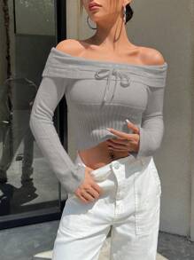 Flirla Ladies' Fashionable Off Shoulder Creative Tie Knitted Sweater, Fall Winter - Grey - View 6