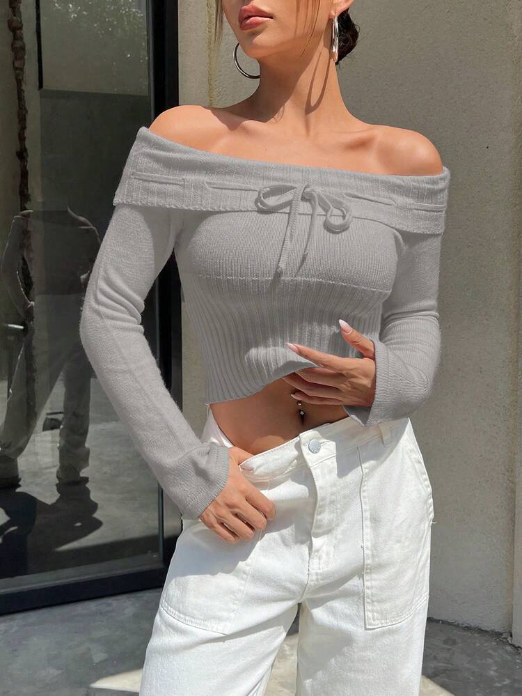 Ladies' Fashionable Off Shoulder Creative Tie Knitted Sweater, Fall Winter
