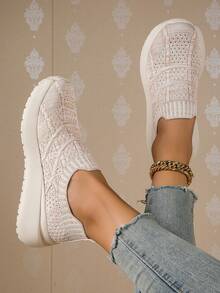 Women's Wide Toe Breathable Knit Casual Flat Slip-On Sneakers, Lightweight Comfortable Daily Wear - Beige - View 5