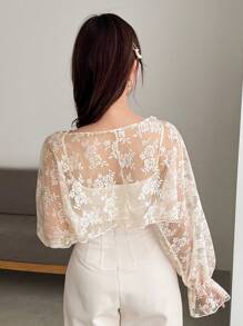 FRIFUL Women's Summer Lace Bat Sleeve Sheer Top With Long Sleeve,Ruffle - Beige - View 6