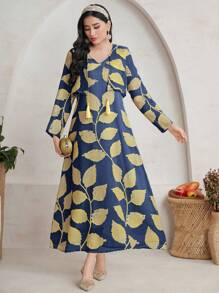 Al Najma Vacation Style Plant Embroidery Long Dress - Navy Blue - View 8
