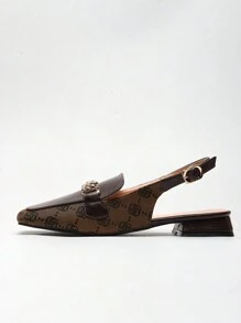 Women's Flat Vintage Square Toe Floral Embroidery With Fashion Buckle And Back Strap, Slingback Shoes Valentines - Coffee Brown - View 3