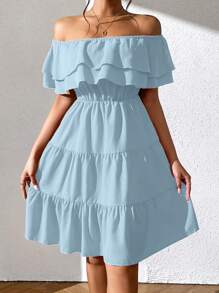 Calvaya Women's Summer Solid Color Ruffled Off Shoulder Dress With Asymmetric Hemline