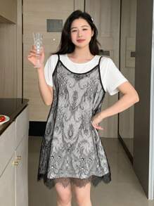 DAZY 韓版蕾絲圓領寬鬆背心睡裙和短袖睡裙舒適睡衣套裝,可當睡衣和外出服穿著
