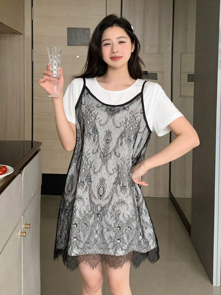 Lace Round Neck Loose Cami Nightdress And Short Sleeve Nightdress Comfortable Sleepwear Set, Can Be Worn As Pajamas And Outside