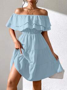 Calvaya Women's Summer Solid Color Ruffled Off Shoulder Dress With Asymmetric Hemline