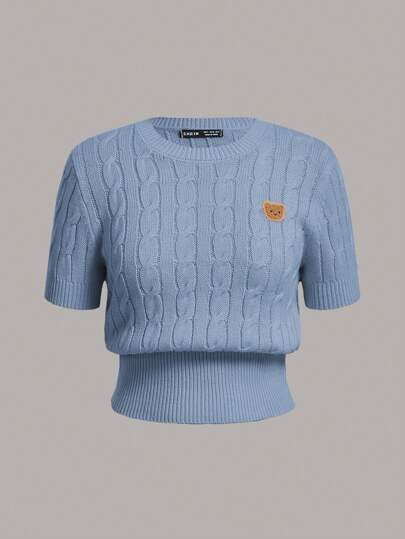 SHEIN EZwear Cartoon Patched Detail Cable Knit Round Neck Short Sleeve Summer Top