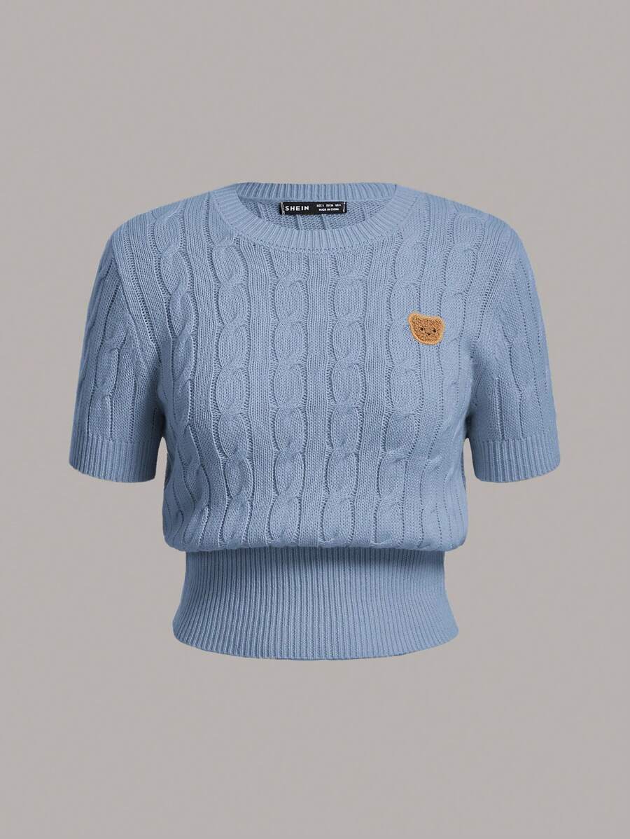 SHEIN EZwear Cartoon Patched Detail Cable Knit Round Neck Short Sleeve Summer Top - Dusty Blue - View 1