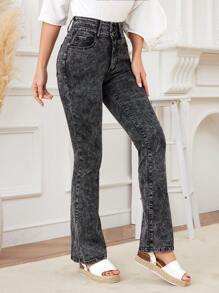 SHEIN LUNE Women's High Waisted Slim Fit Double Layered Flared Jeans - Dark Grey - View 6