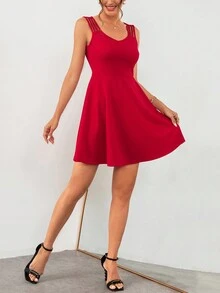 SHEIN Privé 女款純色多肩帶無袖v領a字時尚連身裙 - 紅色 - 查看 5