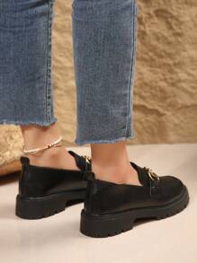 Ladies' Chunky Heels Loafers With Classic Chain Decoration And Elegant Leather Flat Shoes