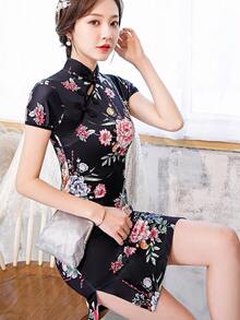 Fikoo Black Cheongsam Dress Women Elegant Short Qipao China Traditional Slim Fit Wedding Costume Dresses Side Slit - Black - View 7