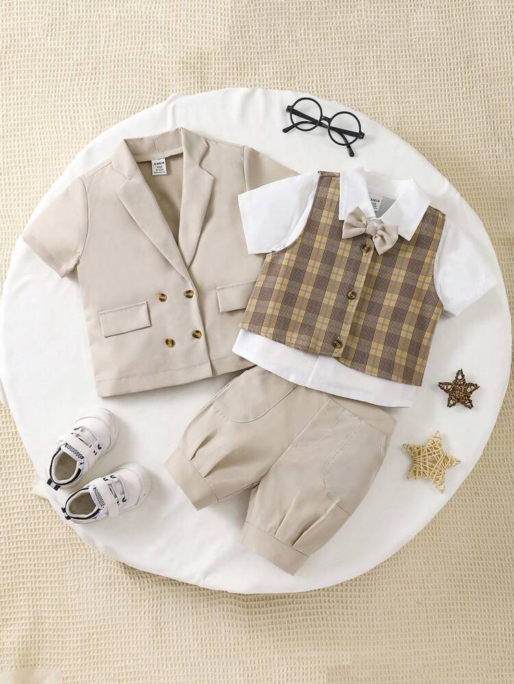 Baby Boys' Casual Shirt+Vest+Coat+Dungaree Shorts Set Gentleman's Outfit Suit For Birthday Party, Evening, Performance, Wedding, Baptism, 1 Year Old