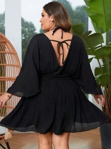 Swim Lushoire Summer Beach Plus Size Solid Color Batwing Sleeve Waist-Cinched Cover Up - Black - View 2
