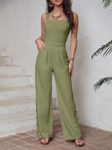 SHEIN LUNE Overoles lisos de mujer decorados con botones - Verde militar - Ver 1