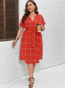 SHEIN LUNE Kích thước lớn In kẻ sọc Khía Đường viền cổ áo Đầm - Màu Đỏ Sâu - Xem 6