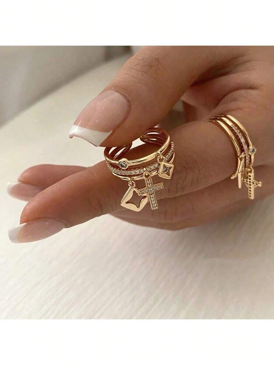 1pc Fashionable Cross Shaped Ring Decorated With Cubic Zirconia, Perfect For Women's Daily Wear - Gold - View 1